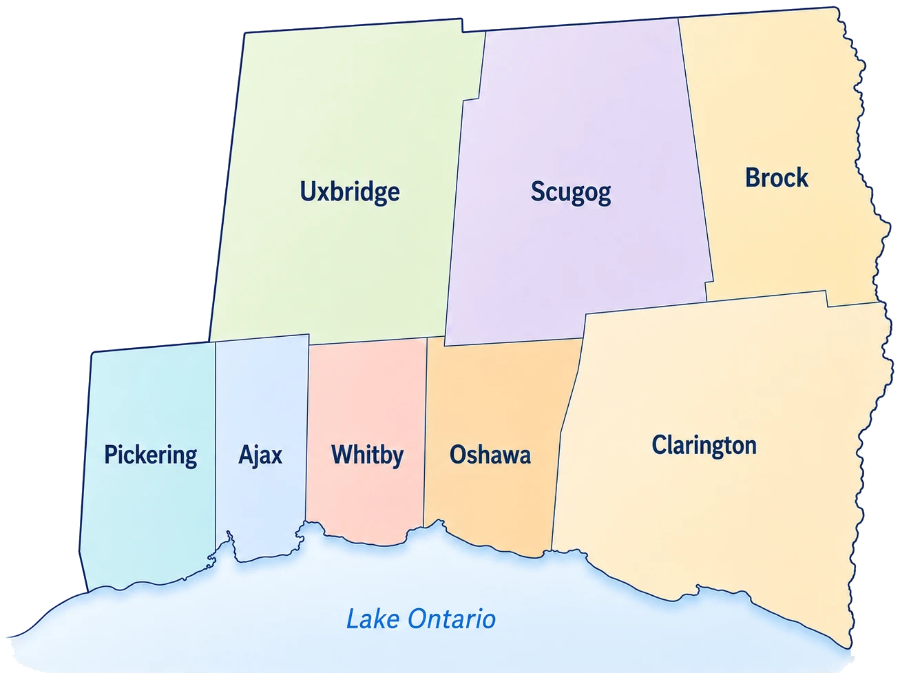 Map of Durham Region, Ontario, showing Pickering, Ajax, Whitby, Oshawa, Clarington, Uxbridge, Scugog, and Brock